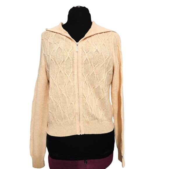 St. John Sport Cardigan Cableknit Full Zip Hooded Long Sleeve Peach Sweater M - Picture 1 of 11